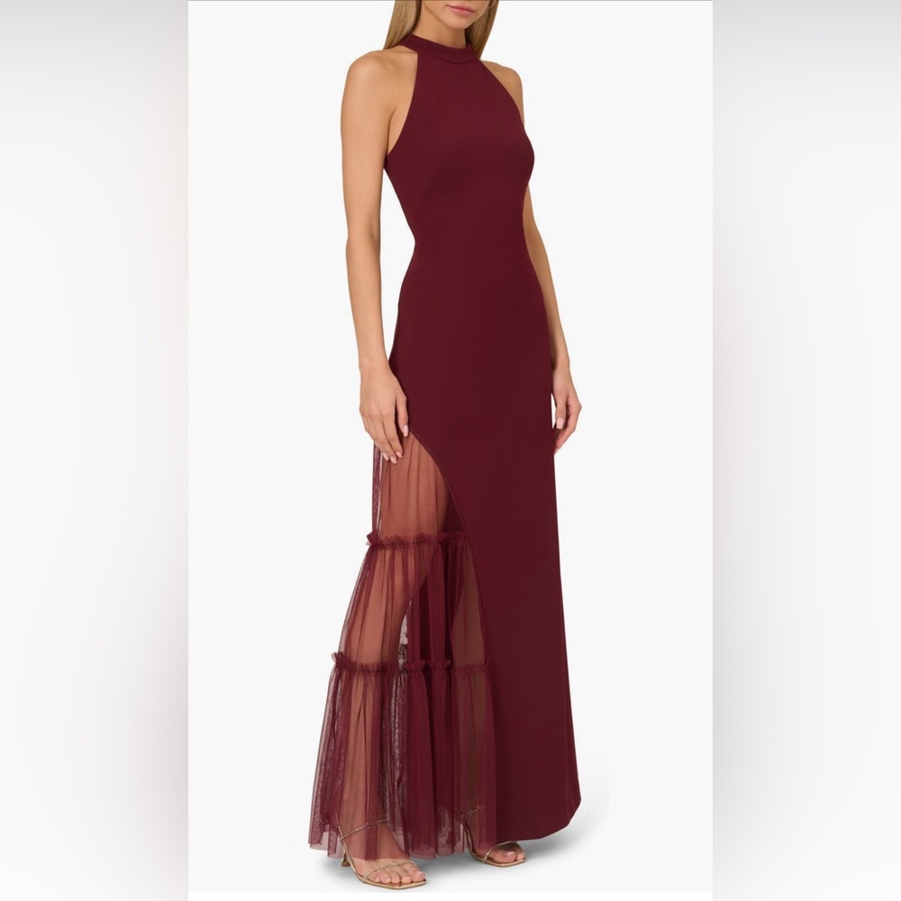 Adrianna Papell Burgundy Halter Mesh Slit Evening Gown NWT SZ 2 Formal MOB GALA